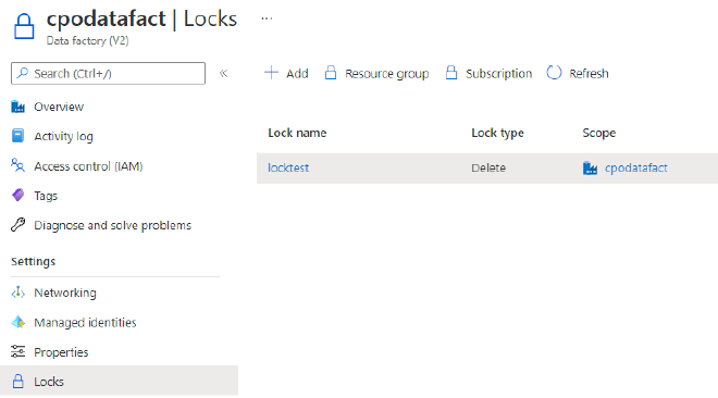 An example lock applied directly to a Data Factory resource