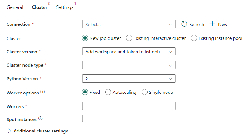 Cluster settings on the Databricks Activity